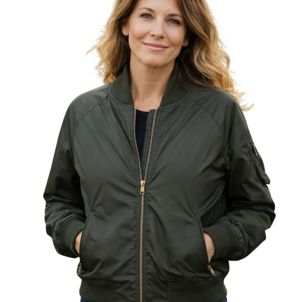 Eddie Bauer Bomber Jacket Womens Medium Moss Green Full Zip Fleece Lined Gorp